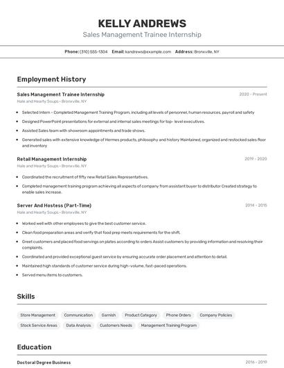 Sales Management Trainee Internship Resume