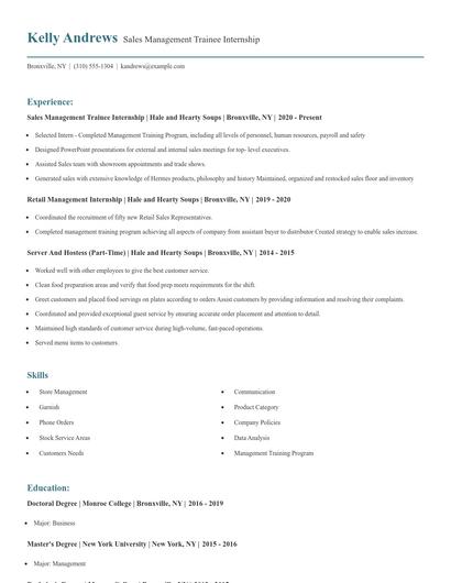 Sales Management Trainee Internship Resume