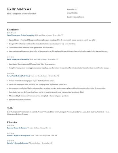 Sales Management Trainee Internship Resume