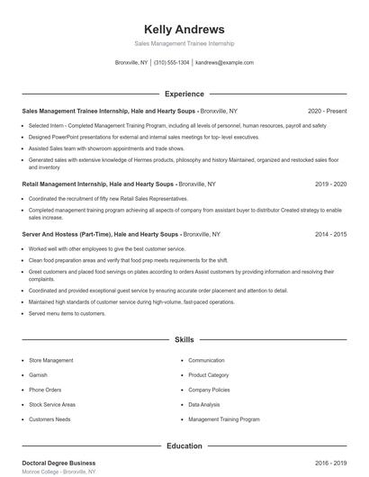 Sales Management Trainee Internship Resume