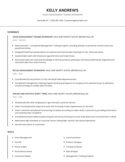 Sales Management Trainee Internship Resume