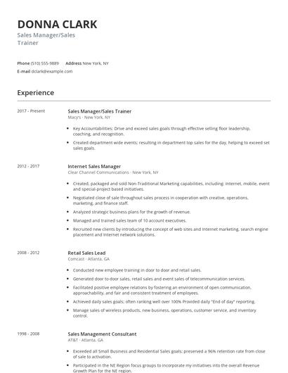 Sales Manager/Sales Trainer Resume