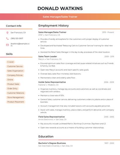 Sales Manager/Sales Trainer Resume