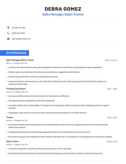 Sales Manager/Sales Trainer Resume