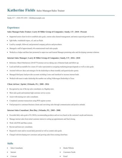 Sales Manager/Sales Trainer Resume