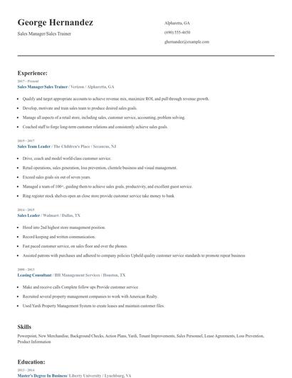 Sales Manager/Sales Trainer Resume