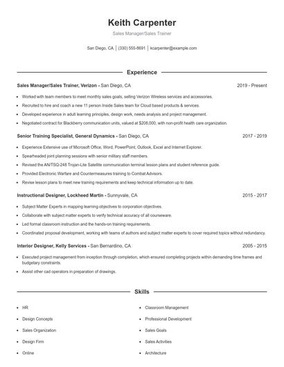 Sales Manager/Sales Trainer Resume