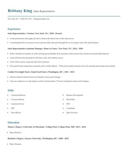 Sales Representative Resume
