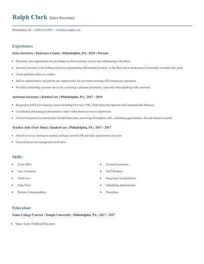 Sales Secretary Resume