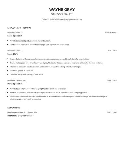 Sales Specialist Resume