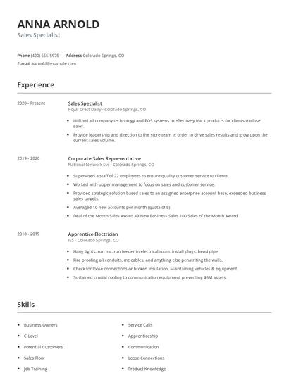 Sales Specialist Resume