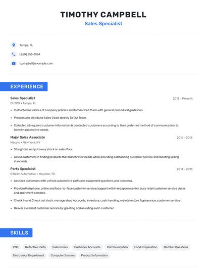 Sales Specialist Resume