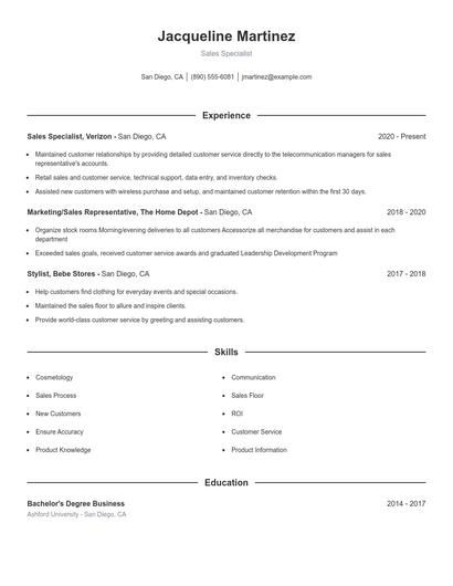 Sales Specialist Resume