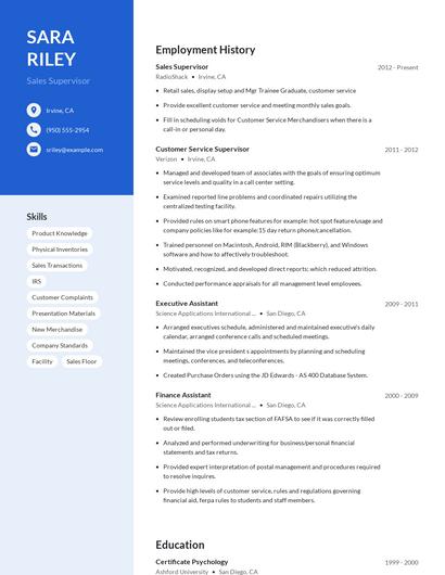 Sales Supervisor Resume
