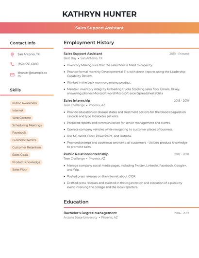 Sales Support Assistant Resume