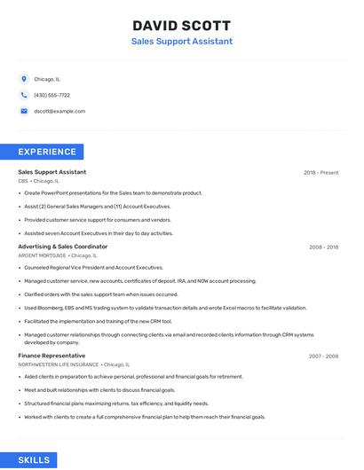 Sales Support Assistant Resume