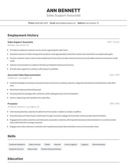 Sales Support Associate Resume
