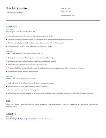 Sales Support Associate Resume