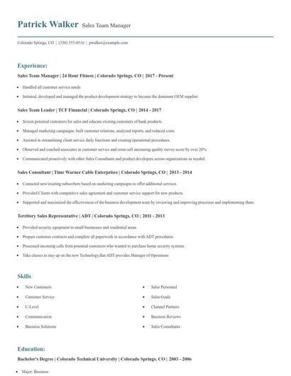 Sales Team Manager Resume