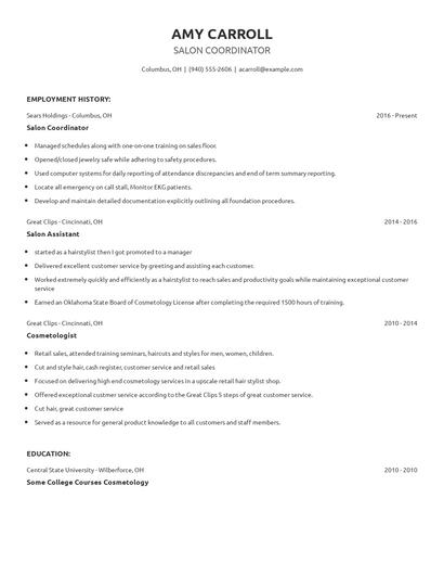 Salon Coordinator Resume