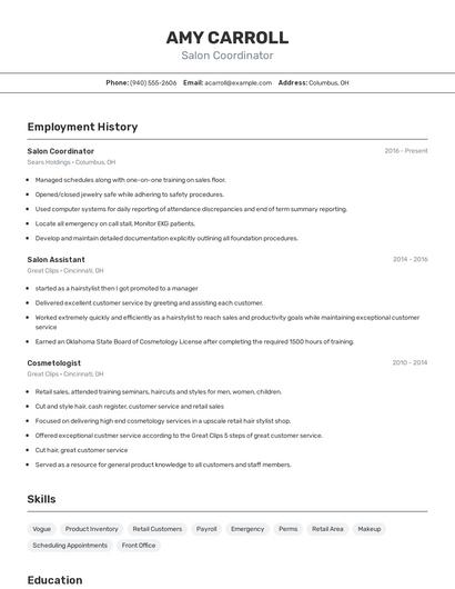 Salon Coordinator Resume