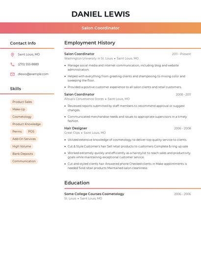 Salon Coordinator Resume