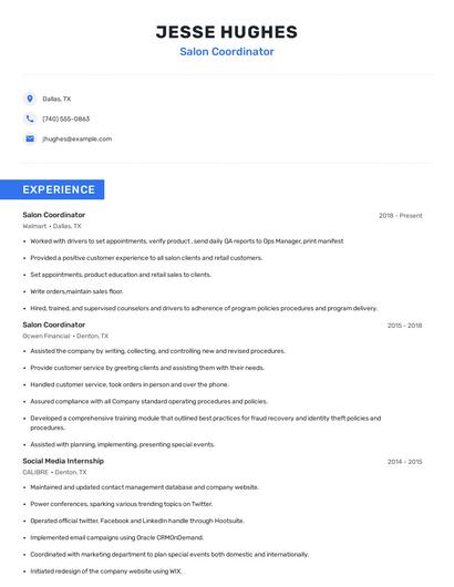 Salon Coordinator Resume
