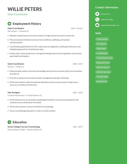 Salon Coordinator Resume