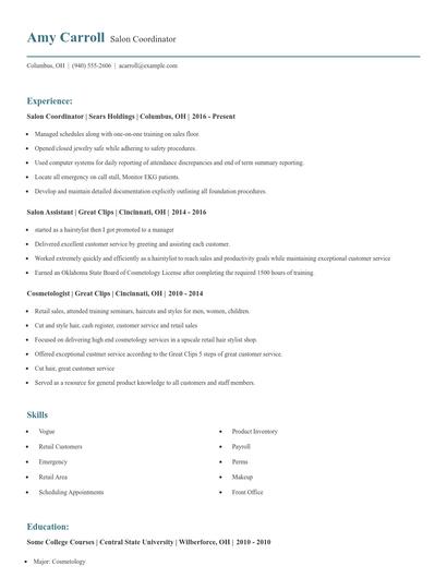Salon Coordinator Resume