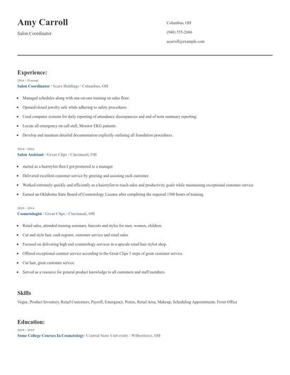 Salon Coordinator Resume