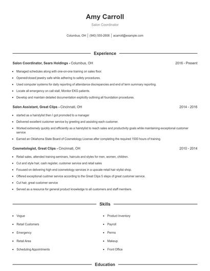Salon Coordinator Resume