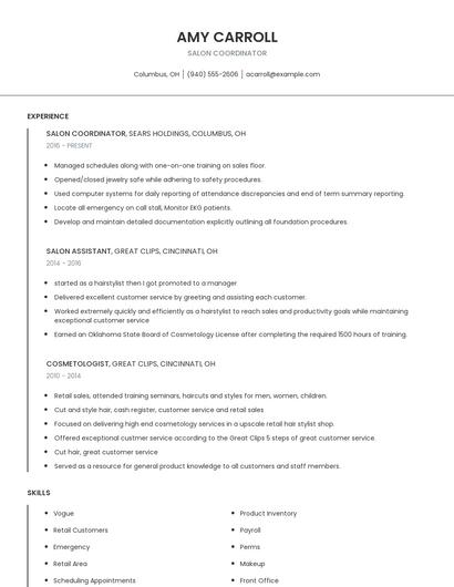 Salon Coordinator Resume