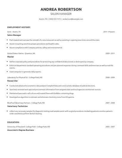Salon Manager Resume