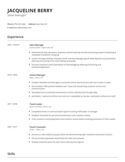 Salon Manager Resume