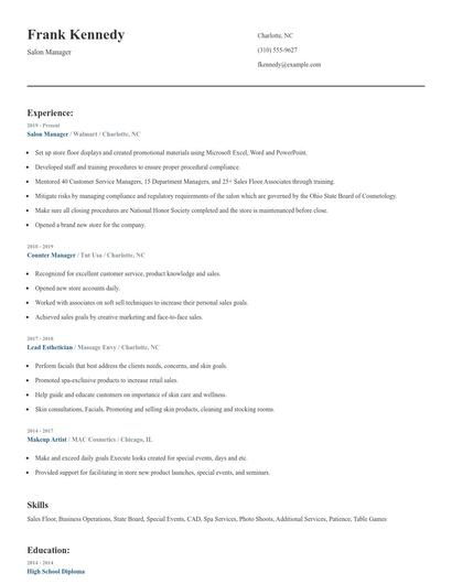 Salon Manager Resume