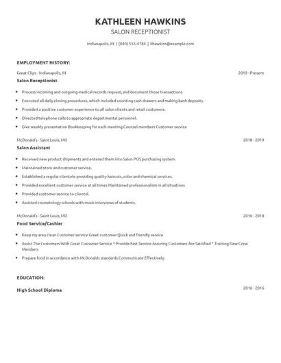 Salon Receptionist Resume