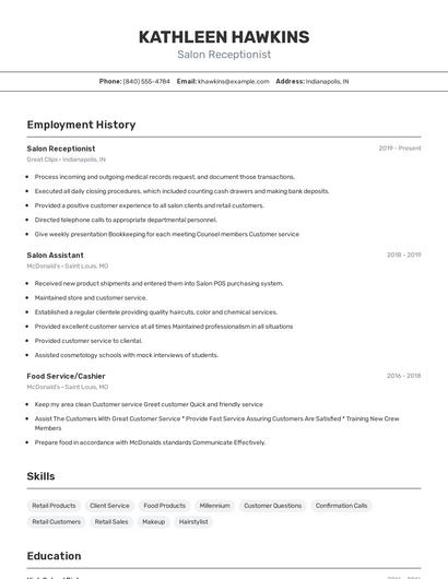 Salon Receptionist Resume