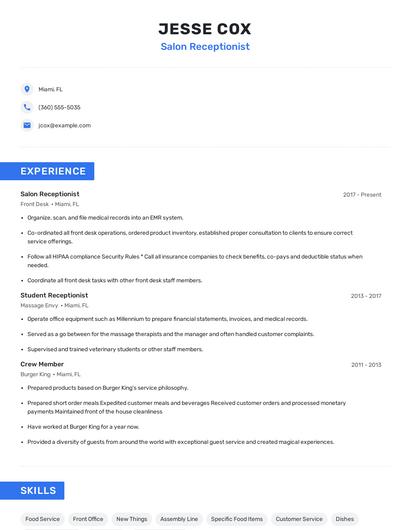 Salon Receptionist Resume