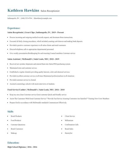 Salon Receptionist Resume