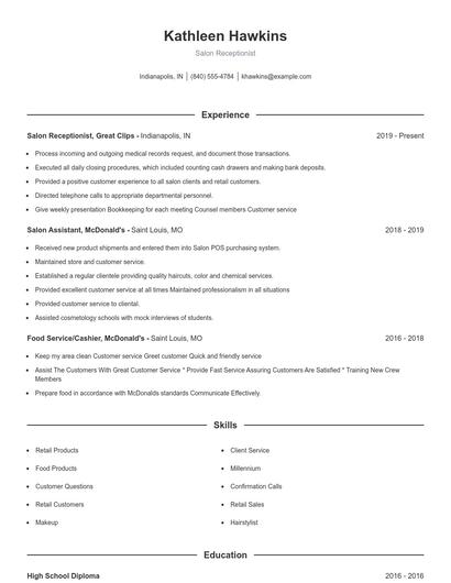 Salon Receptionist Resume