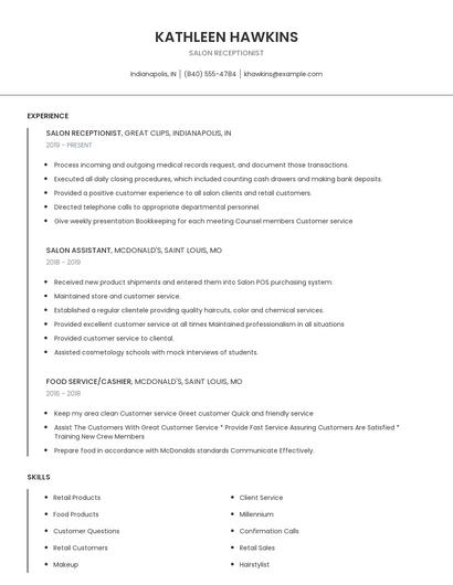 Salon Receptionist Resume