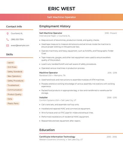 Salt Machine Operator Resume