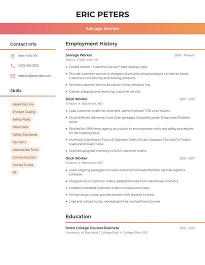Salvage Worker Resume