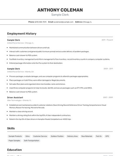 Sample Clerk Resume