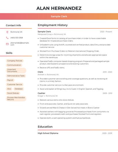 Sample Clerk Resume