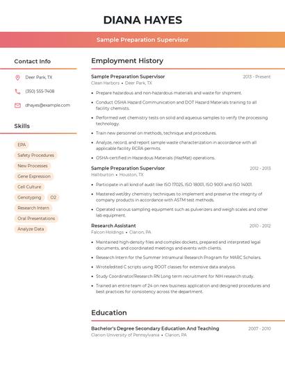 Sample Preparation Supervisor Resume