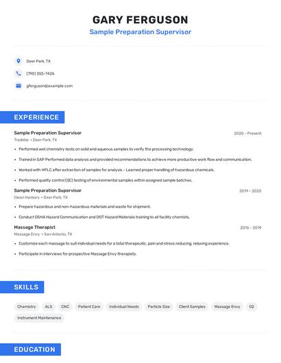 Sample Preparation Supervisor Resume
