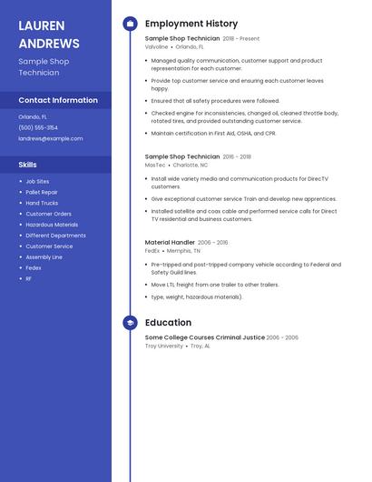 Sample Shop Technician Resume