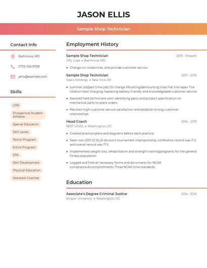 Sample Shop Technician Resume