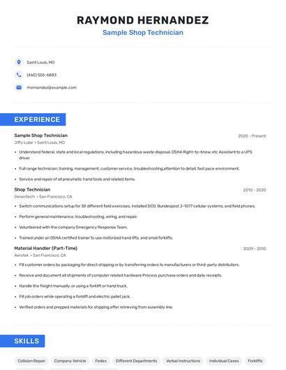 Sample Shop Technician Resume
